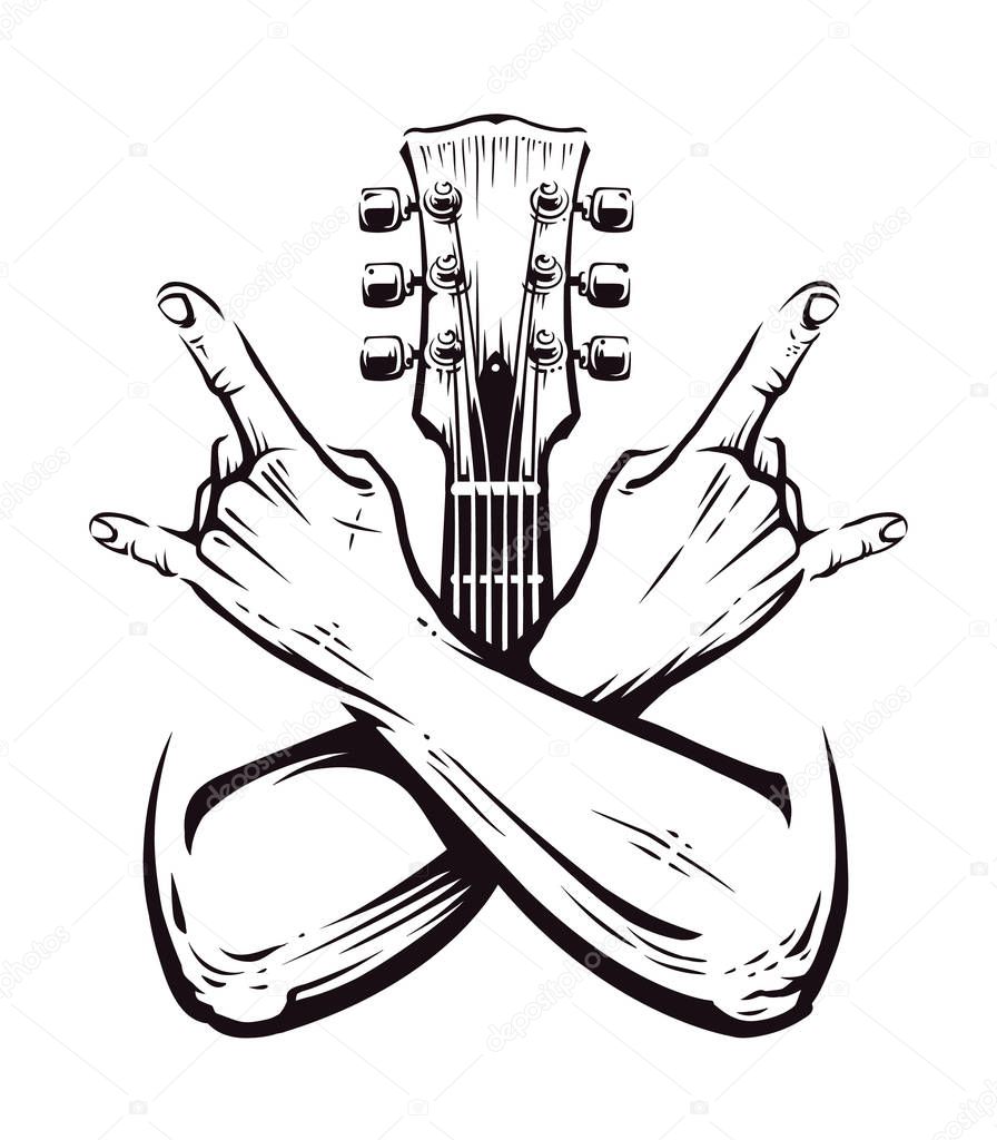 Crossed hands sign rock n roll gesture isolated with guitar neck on white. Punk rock hands sign. Vector illustration.