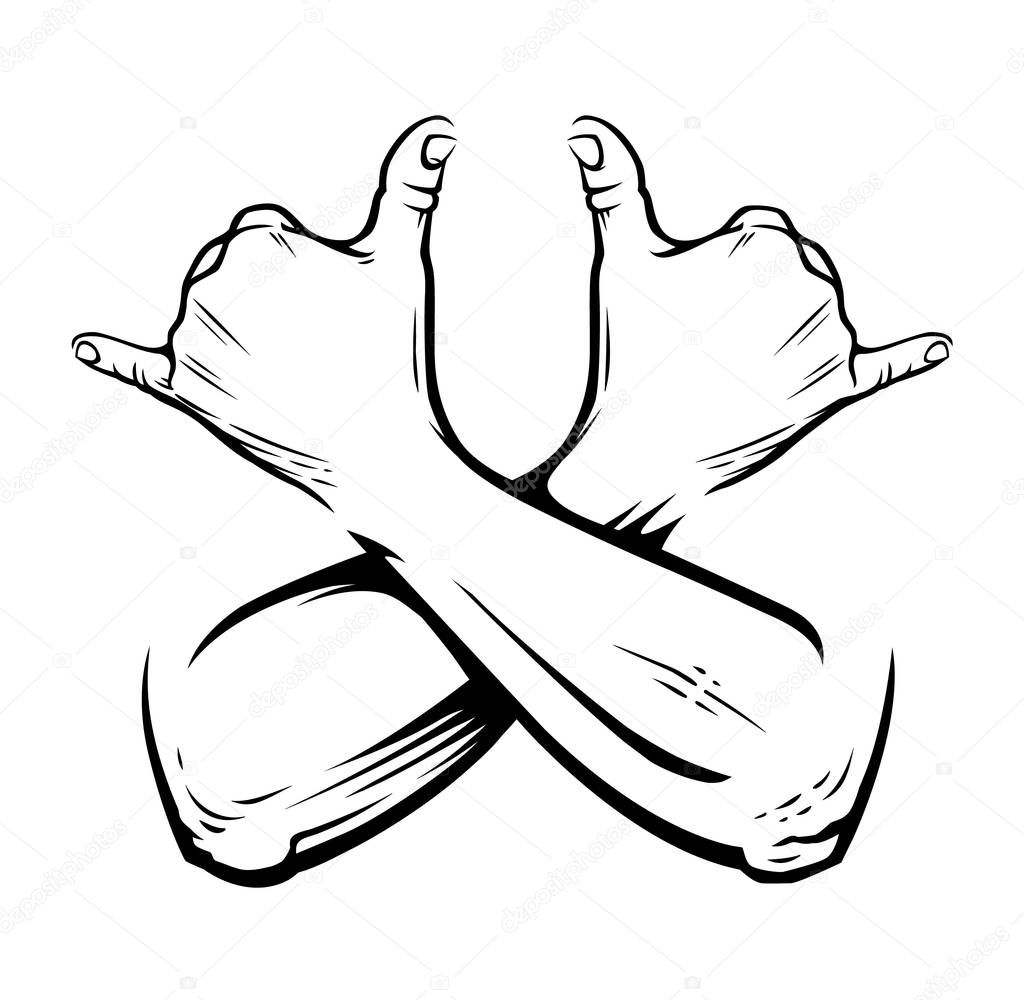 Crossed hands with rastaman gesture isolated on white. Lets smoke sign. Vector illustration.