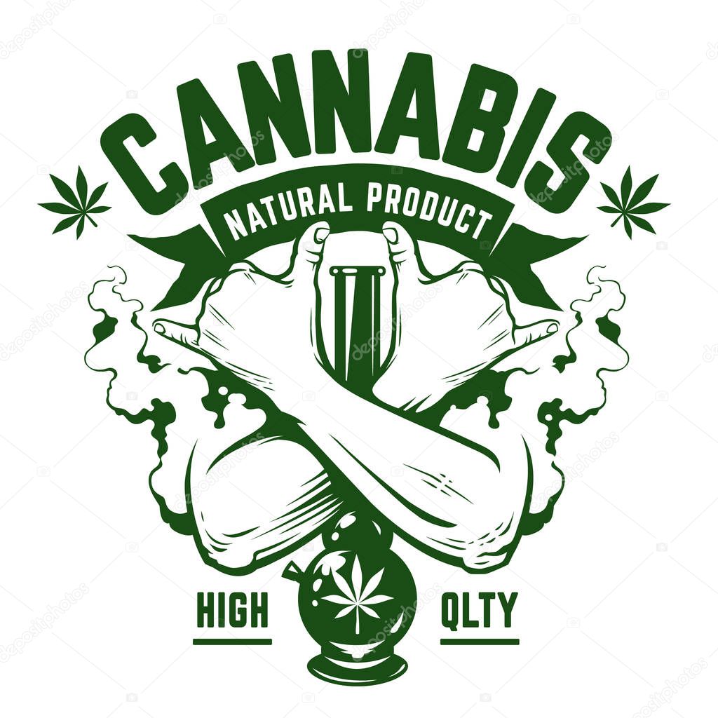 Cannabis Vector Emblem. Green monochrome emblem with crossed hands, bong and smoke isolated on white. Rastaman symbols. Vector art.