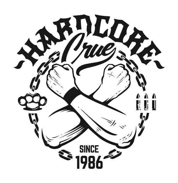 Emblema Hardcore Com Mãos Cruzadas Corrente Balas Dedos Latão Letras — Vetor de Stock
