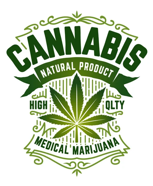 Cannabis Vector Embleem Groene Embleem Met Marihuanablad Lint Patronen Geïsoleerd — Stockvector