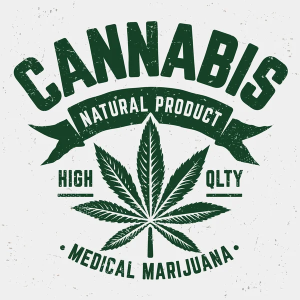 大麻垃圾徽章 风化的老式单色徽章与大麻叶子 — 图库矢量图片
