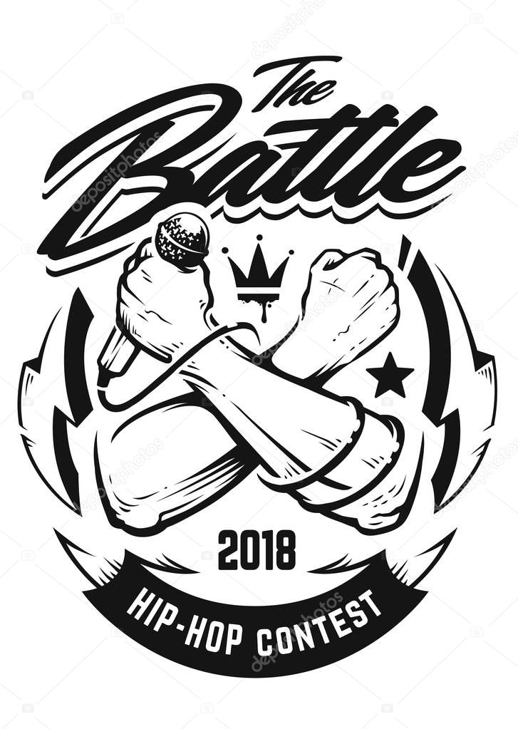 Hip-hop monochrome emblem with crossed brutal hands keeping microphone. Rap battle emblem template with hip-hop and graffiti elements. Vector art.