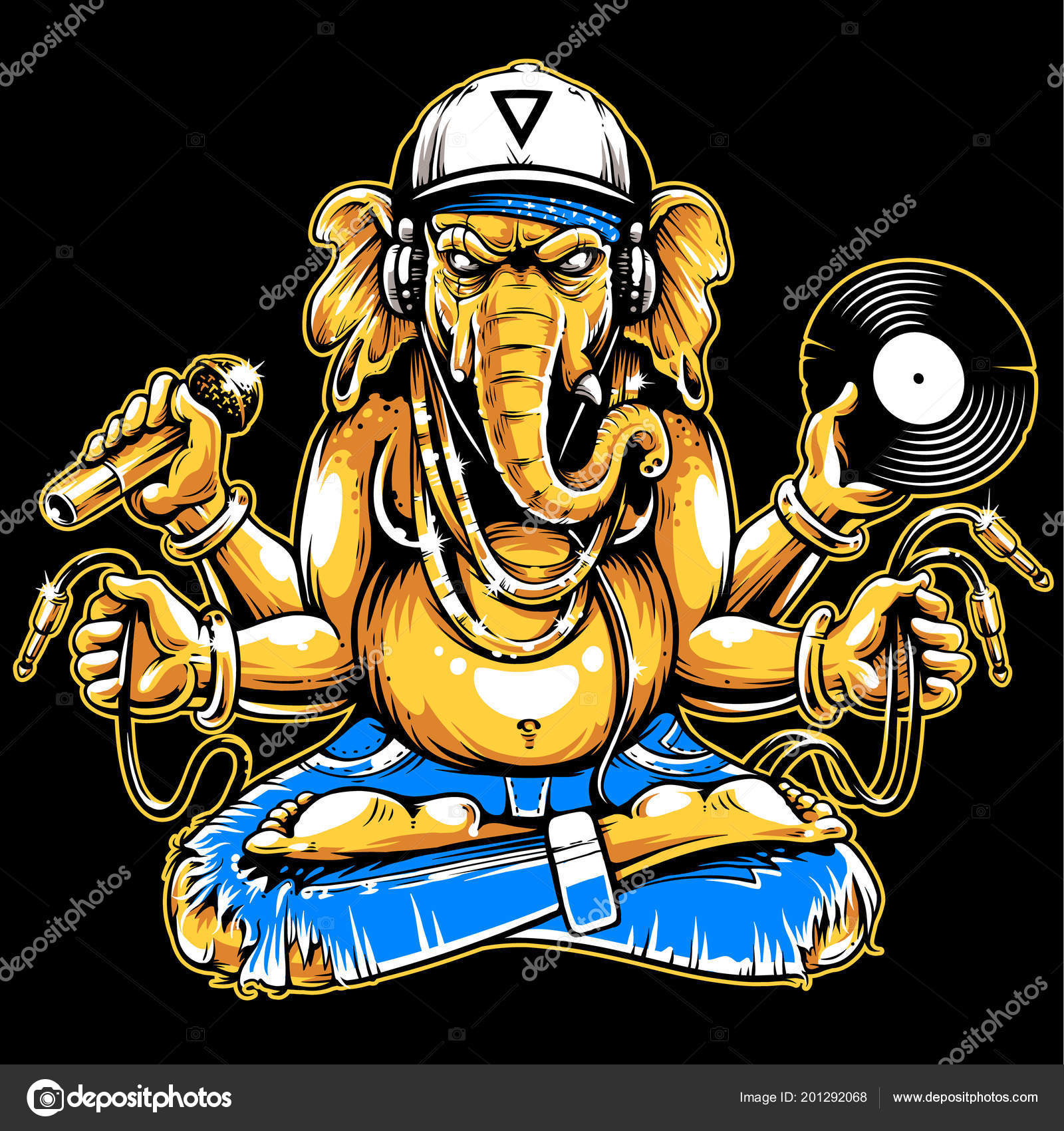 음악적 특성으로는 코끼리 헤드폰 레코드 마이크 와이어 코끼리 Weared Snapback와 스톡 벡터 - ©Vecster  201292068, image size:1600x1700