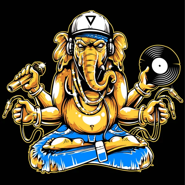 Ganesha Con Attributi Musicali Cuffie Disco Vinile Microfono Fili Mano — Vettoriale Stock