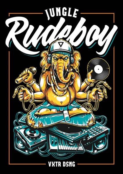 Jungle Rude Boy Vector Print Design Ganesha Sitting Electronic Musical — Stock Vector