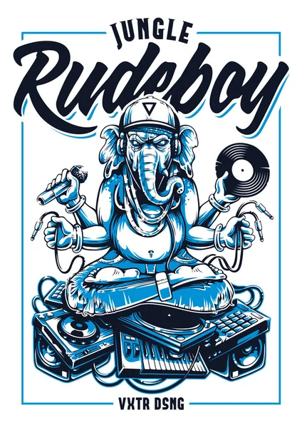 Jungle Rude Boy Vector Print Design Ganesha Sitting Electronic Musical — Stock Vector