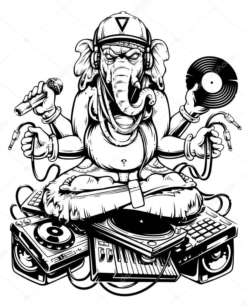 Ganesha Dj Sitting on Electronic Musical Stuff vector art. Ganesha in snapback, jeans and headphones keeping microphone, vinyl record and wires in his hands sitting on a bunch of electronic musical devices. Monochrome line art vector illustration