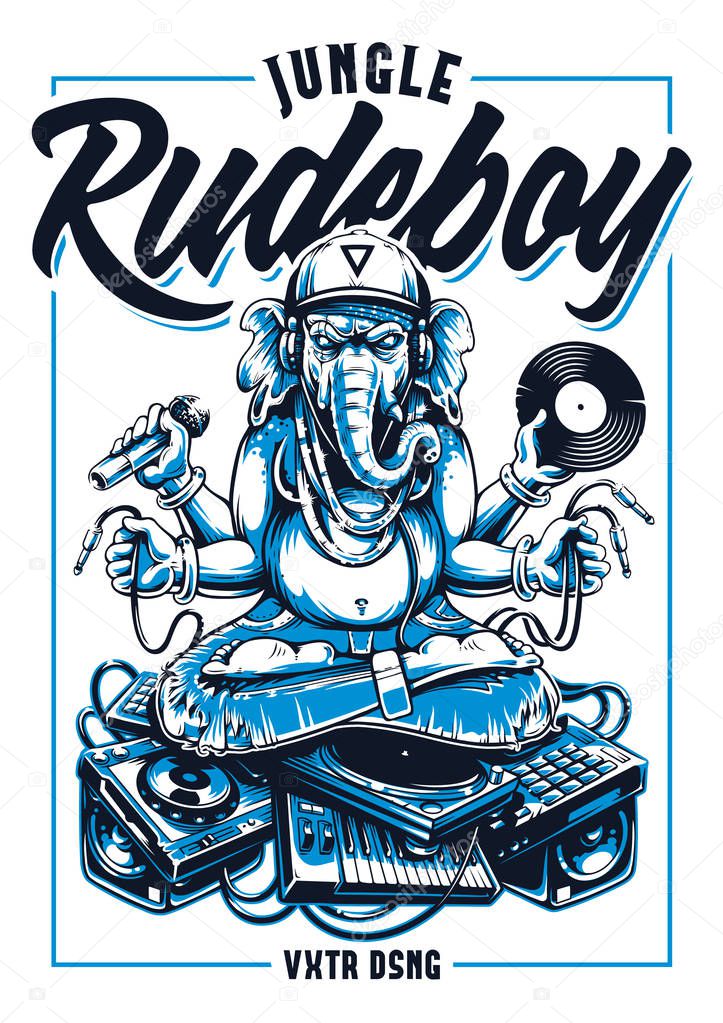 Jungle Rude Boy vector print design. Ganesha Dj Sitting on Electronic Musical Stuff vector art. Ganesha in snapback, jeans and headphones keeping microphone, vinyl record and wires in his hands sitting on a bunch of electronic musical devices. 