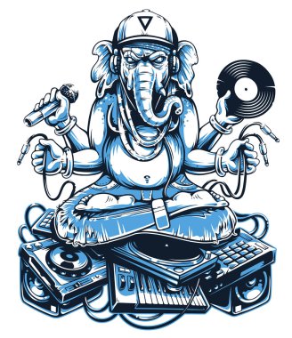 Ganesha Dj elektronik müzik şeyler vektör sanat üzerinde oturan. Ganesha snapback, kot pantolon ve kulaklık mikrofon, vinil kaydı ve teller elektronik müzik aletleri bir grup üzerinde oturan onun elinde tutmak