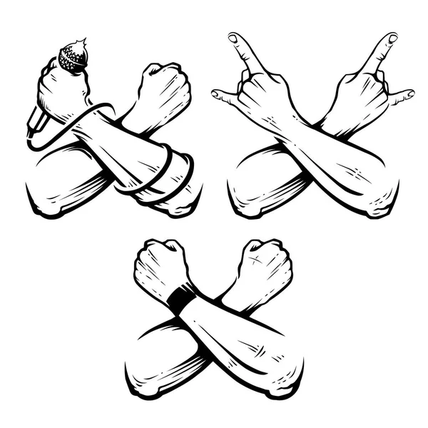 Mãos Cruzadas Rock Vector Set Mãos Para Projeto Rocha Isolado — Vetor de Stock