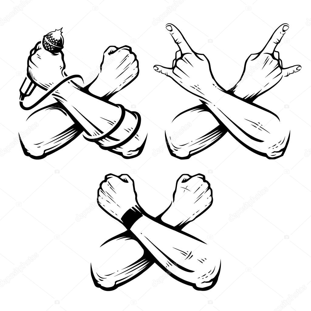 Crossed Hands Rock Vector Set. Hands for rock design isolated on white.