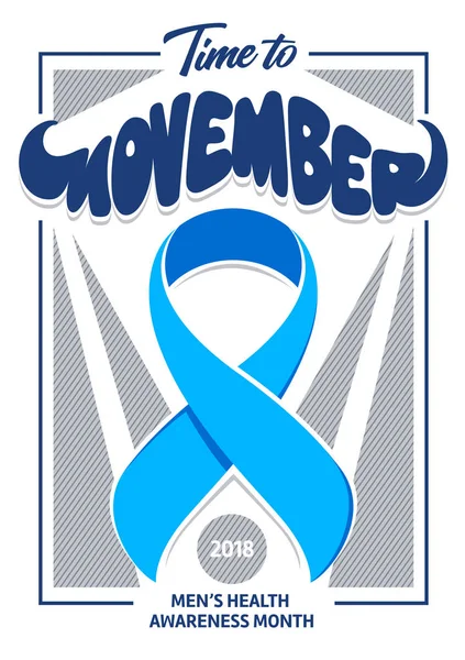 Movember Plakatdesign Mit Schnurrbart Typografie Und Blauem Band Plakatgestaltung Für — Stockvektor