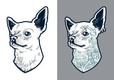 Chihuahua köpek sanat. Köpek iki sürümü vektör: temiz ve eski okul ile dövme ve piercing. Küçük cesur hipster pet. 