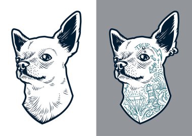 Chihuahua dog art. Vector dog two versions: clean and with old school tattoos and piercing. Little brave hipster pet.  clipart