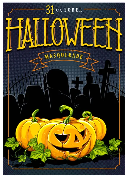 Caligrafía Halloween Calabazas Sobre Fondo Retro Semitono Con Piedras Cementerio — Vector de stock