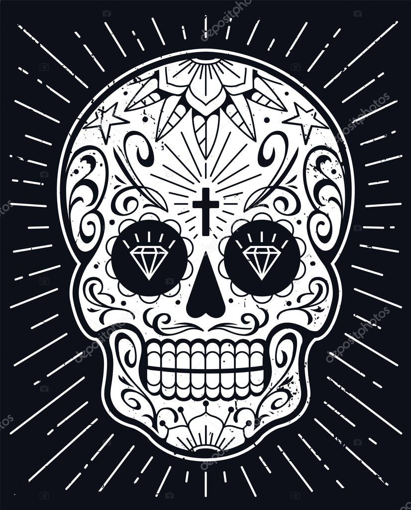 Vector Mexican Skull with Patterns. Old school tattoo style sugar skull. Black and white illustration.
