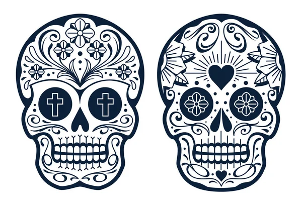 Vector Mexicaanse Schedels Met Patronen Old School Tattoo Stijl Suiker — Stockvector