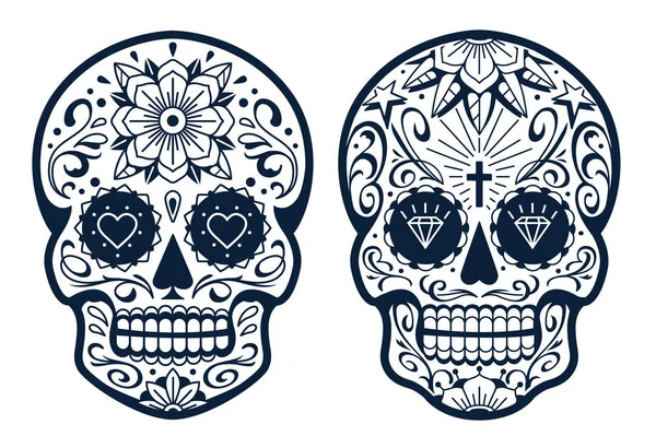 Vector Mexicaanse Schedels Met Patronen Old School Tattoo Stijl Suiker — Stockvector