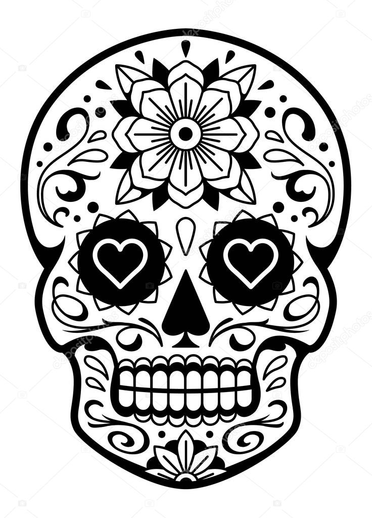 Vector Mexican Skull with Patterns. Old school tattoo style sugar skull. Black and white illustration.