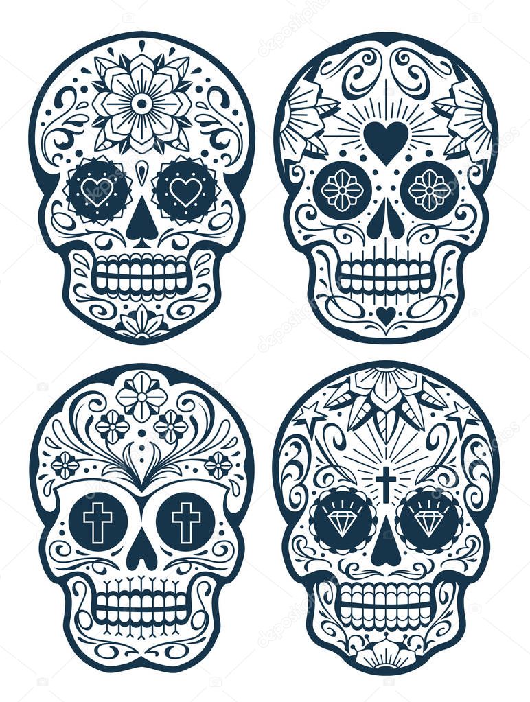 Vector Mexican Skulls with Patterns. Old school tattoo style sugar skulls. Vector skulls collection.