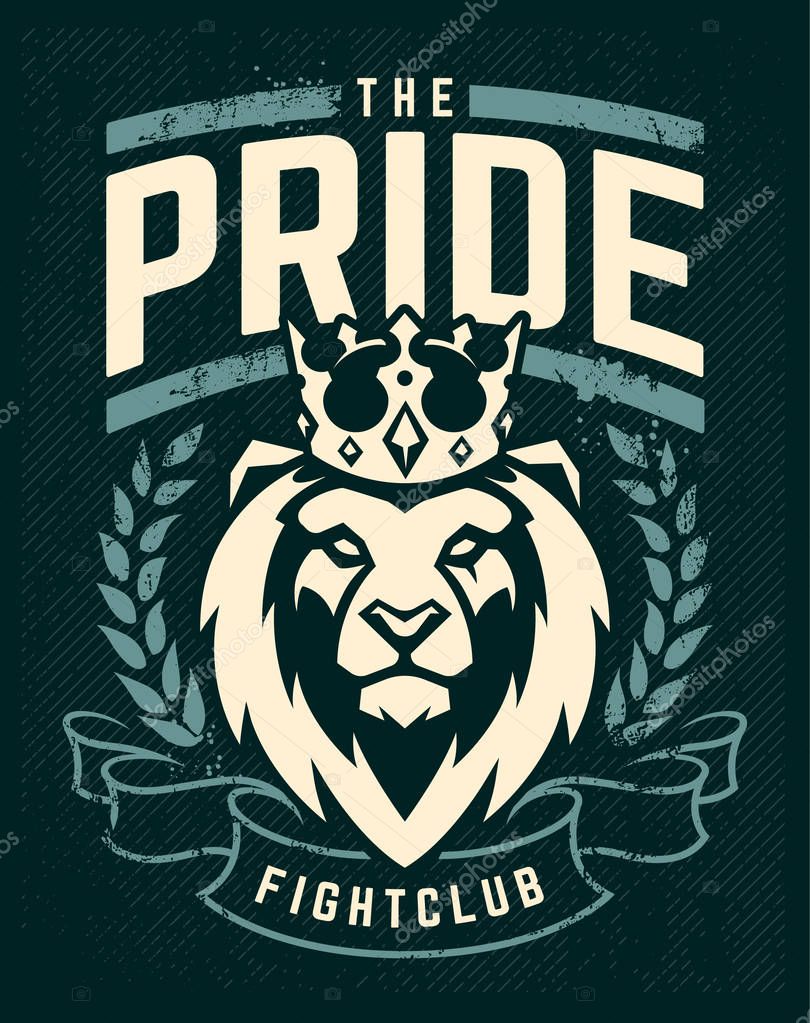 Emblem design template with lion in crown looking danger. Grunge art with wreath and ribbon elements. Classic style. Vector print.