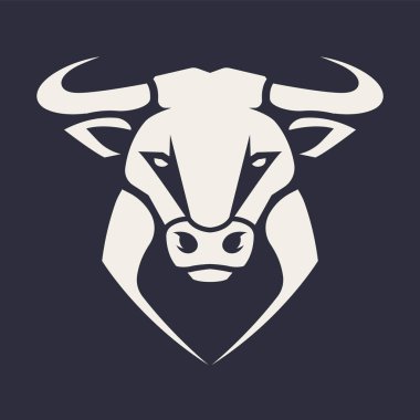 Boğa maskot vektör sanat. Tehlikeli görünümlü Bull frontal simetrik görüntüsü. Vektör tek renkli simge.
