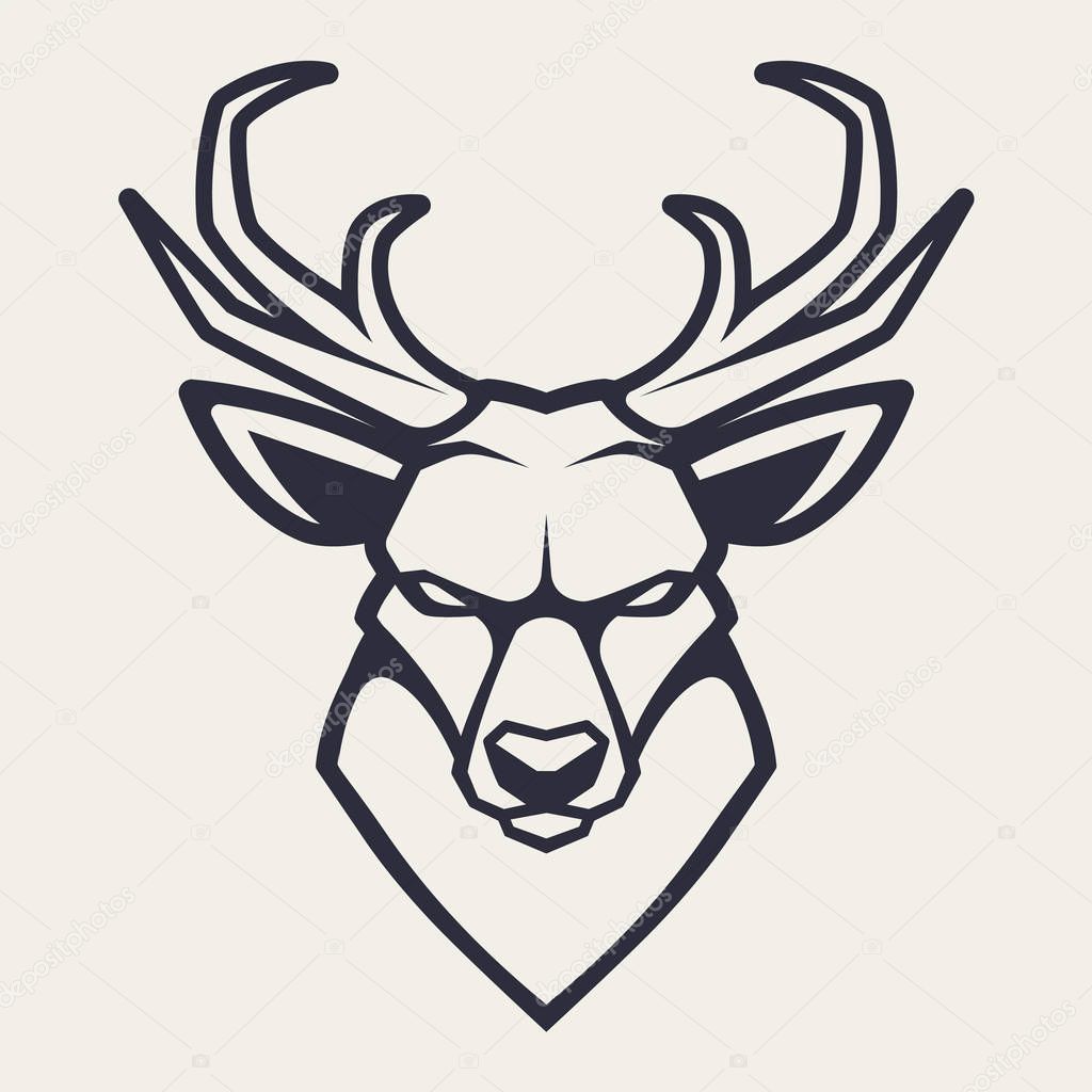 Deer mascot vector art. Frontal symmetric image of deer looking dangerous. Vector monochrome icon.