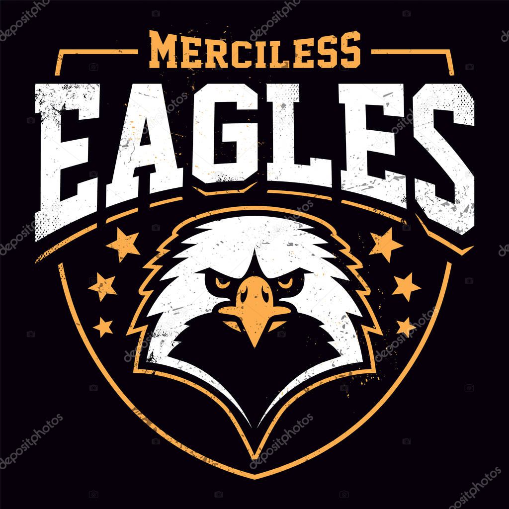 Eagle mascot grunge emblem design template. Sport team emblem design with eagle head. Retro style grunge vector illustration. 