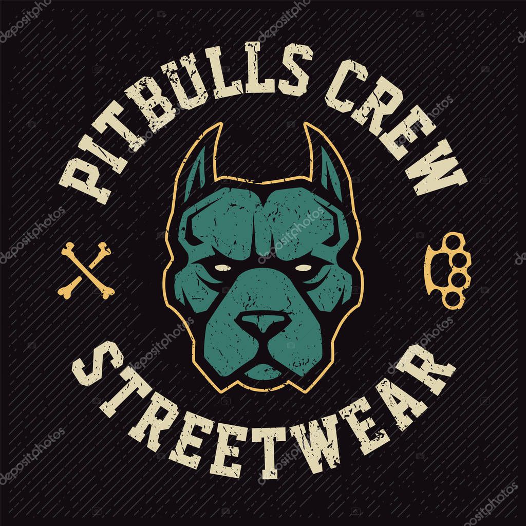 Pitbull mascot emblem design template. T-shirt design with pitbull looking dangerous. Grunge vector art.