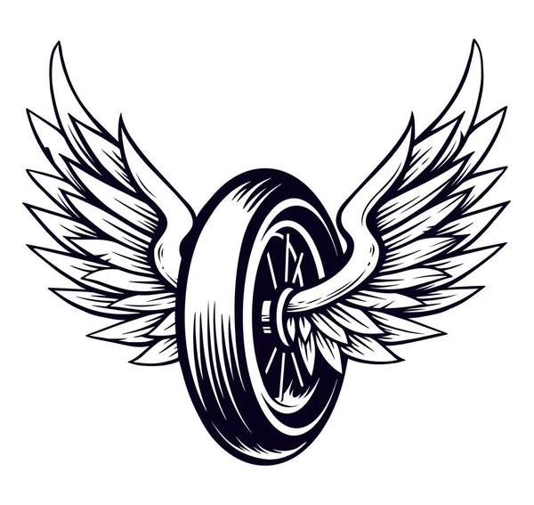 Διάνυσμα Wheel Μοτοσικλέτα Φτερά Που Απομονώνονται Λευκό Μονόχρωμη Τατουάζ Στυλ — Διανυσματικό Αρχείο