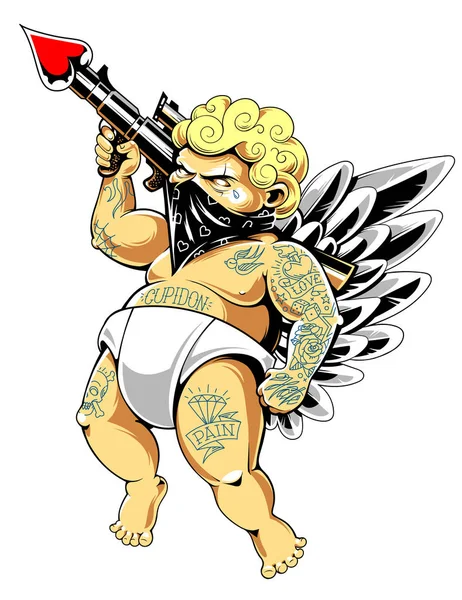 Tattooed cupid in bandana with gun loaded of love. Fat tattooed aggressive love warrior. Modern vector illustration.