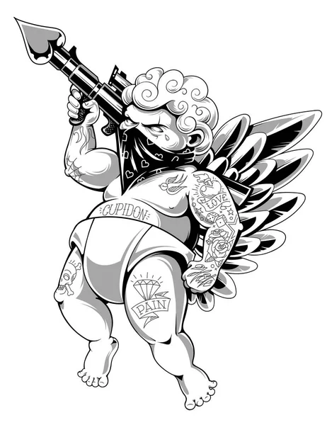 Tattooed cupid in bandana with gun loaded of love. Fat tattooed aggressive love warrior. Modern vector illustration. Monochrome version.