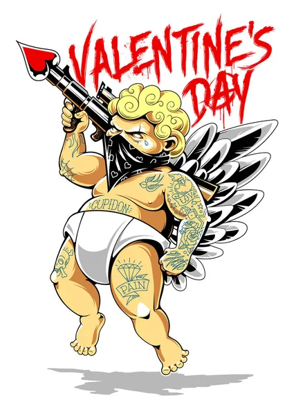 Tattooed cupid in bandana with gun loaded of love. Fat tattooed aggressive love warrior. Modern vector illustration with dirty graffiti lettering.