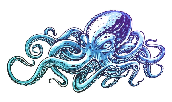 Azul Octopus Vintage Vector Art Isolado Branco Ilustração Vetorial Estilo — Vetor de Stock