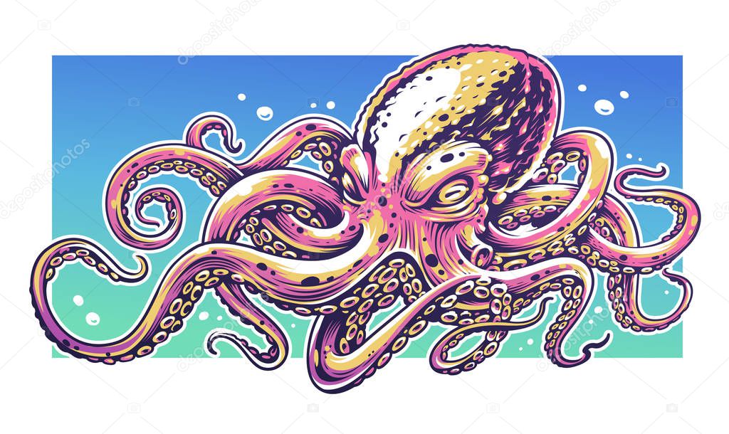 Octopus Vector Art with bright colors. Graffiti style vector illustration of octopus. 