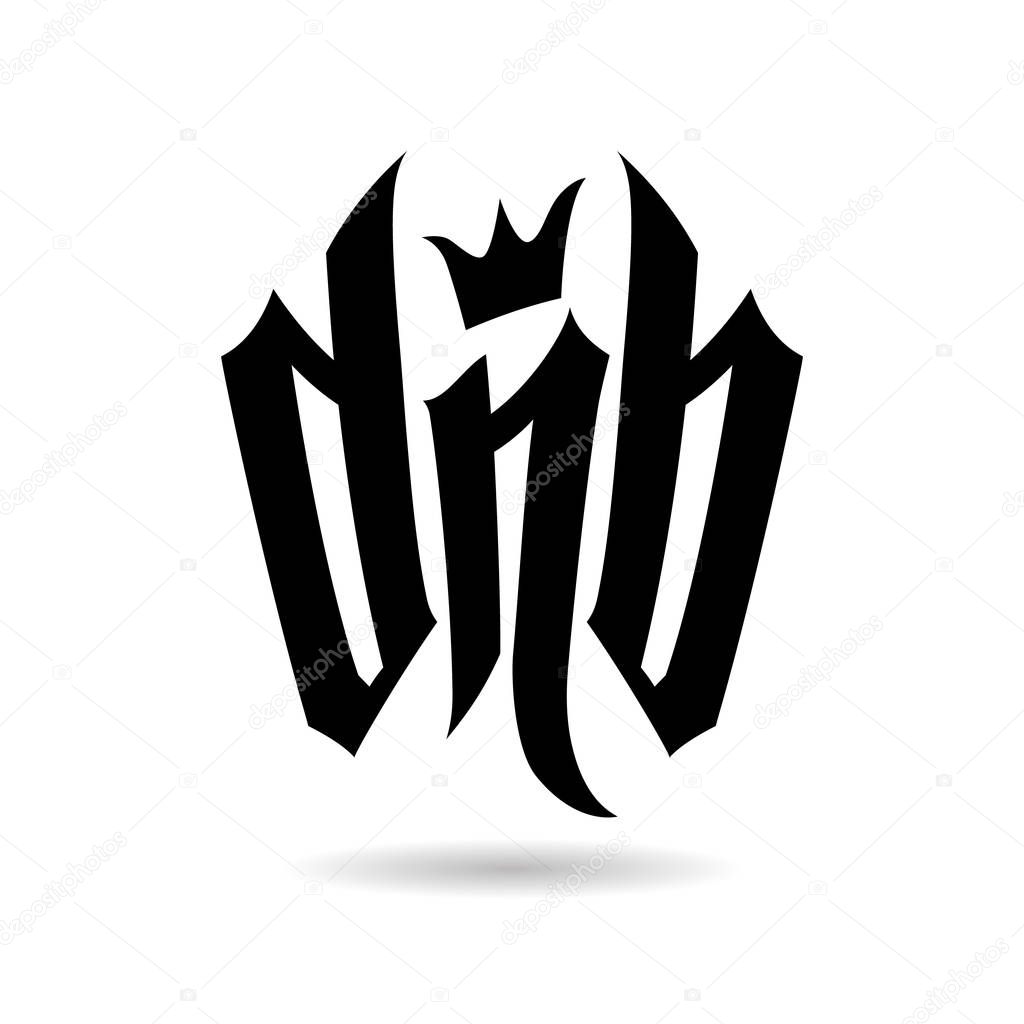 Black letters DnB with crown on white background with grey shade under.  Vector Lettering for Drum and Bass Fans.