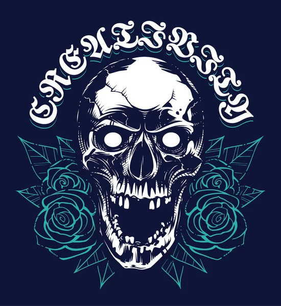 Totenkopf mit Roses Grunge Print Design — Stockvektor