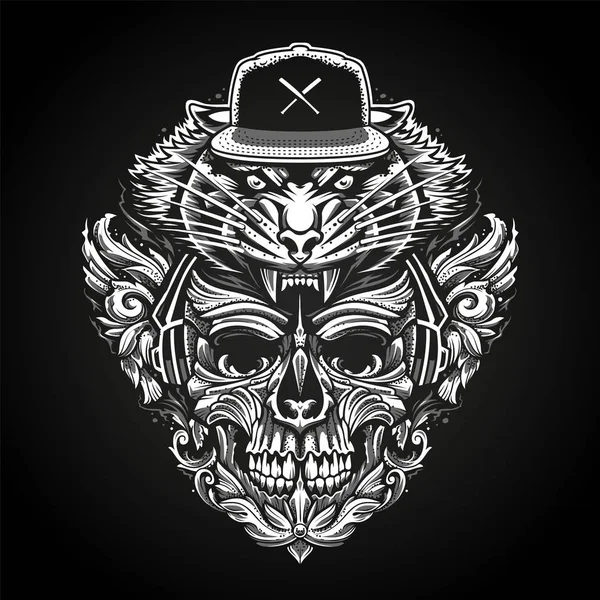 Ornate Skull in Headphones and Tiger Head in Snapback — Stock Vector