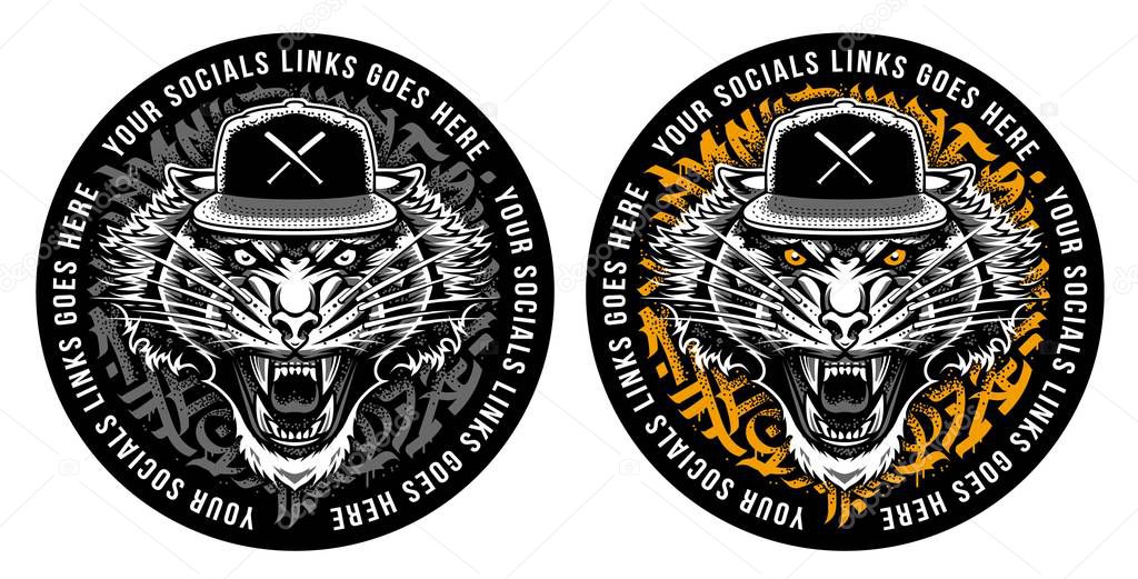 Roaring Tiger in Snapback on graffiti abstract circle backdrop. Sticker design.Two colour variations. Vector art.