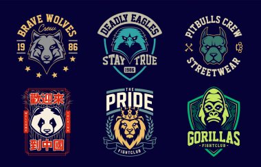 Amblem tasarım şablonları ve farklı hayvan maskotları. Spor takımı rozetleri tasarlıyor. Vektör seti.