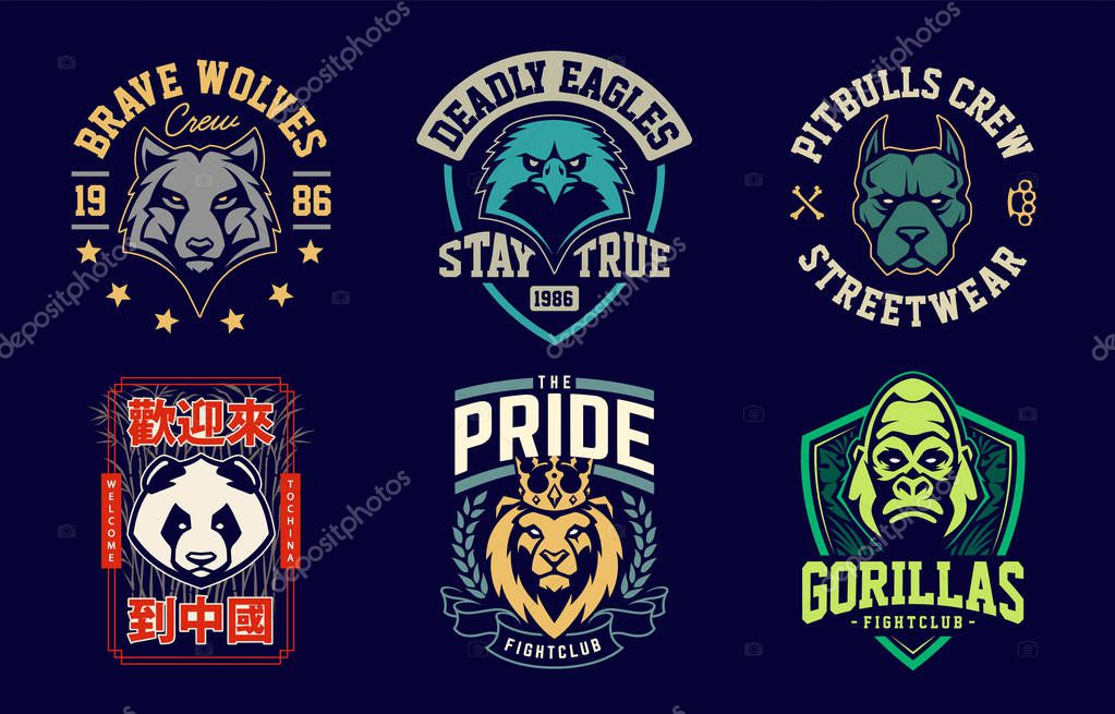 Emblem design templates with different animals mascots. Sport team badges designs. Vector set.