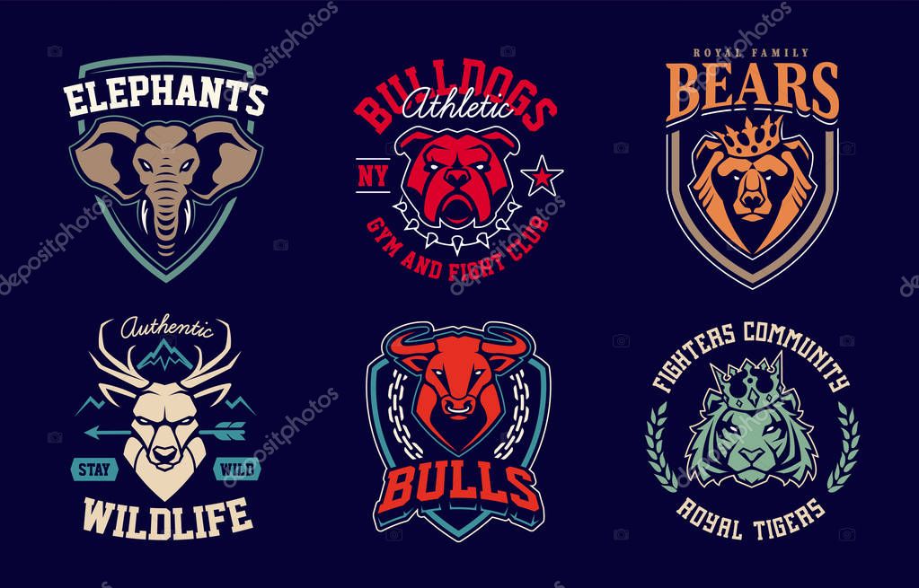 Emblem design templates with different animals mascots. Sport team badges designs. Vector set.