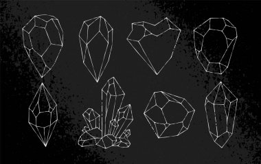 Beyaz el yapımı kristal şekiller. Çizgi çalışması. Siyah grunge arka planında asimetrik kristal simgeler. EPS10 vektör illüstrasyonu.