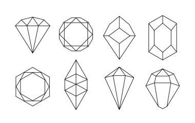 Beyaz el yapımı kristal şekiller. Çizgi çalışması. Beyaz arkaplanda simetrik kristal simgeler. EPS10 vektör illüstrasyonu.