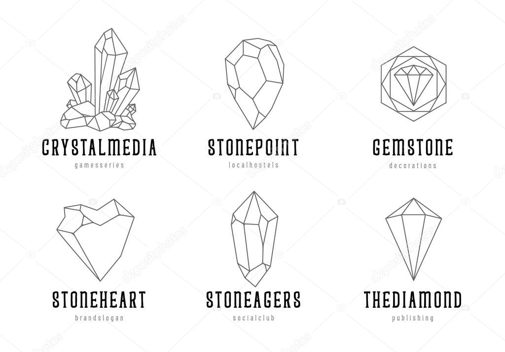 Gold hand-drawn crystal shapes with text. Line art crystal logo templates isolated on white background. EPS10 vector illustration.