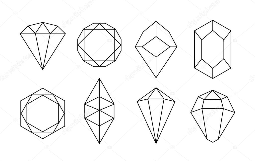 White hand-drawn crystal shapes. Line art. Symmetrical crystal icons on white background. EPS10 vector illustration.