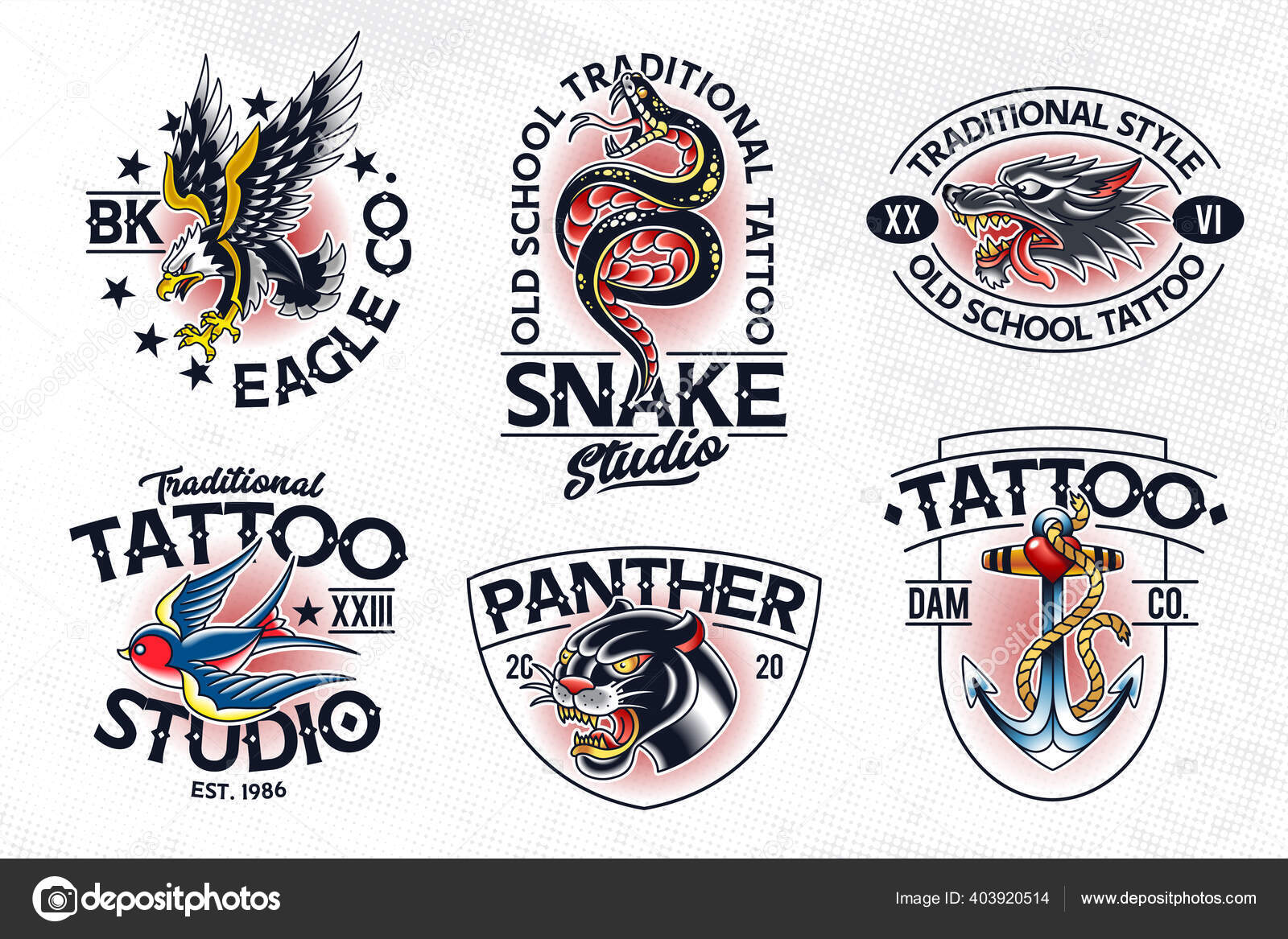 Set Vector Traditional Tattoo Style Emblems Old School Tattoo Logo Stock  Vector by ©Vecster 403920516