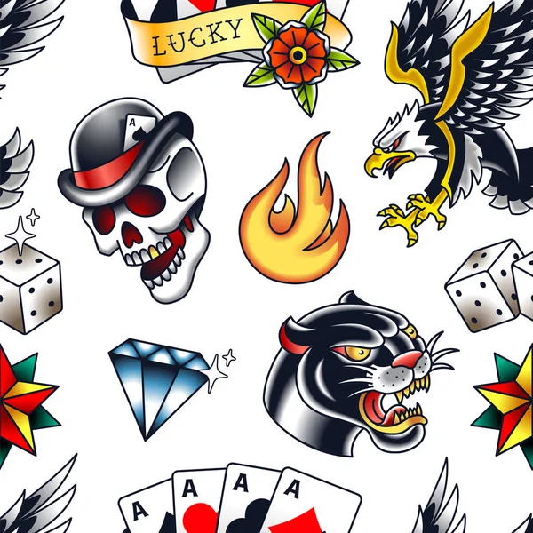传统纹身矢量无缝图案与流行的古老流派元素 扑克牌和鹰 无尽的复古风格图案 色彩艳丽 Eps10矢量说明 — 图库矢量图片