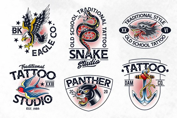 Set Emblemi Stile Tatuaggio Tradizionale Vettoriale Modelli Logo Del Tatuaggio — Vettoriale Stock